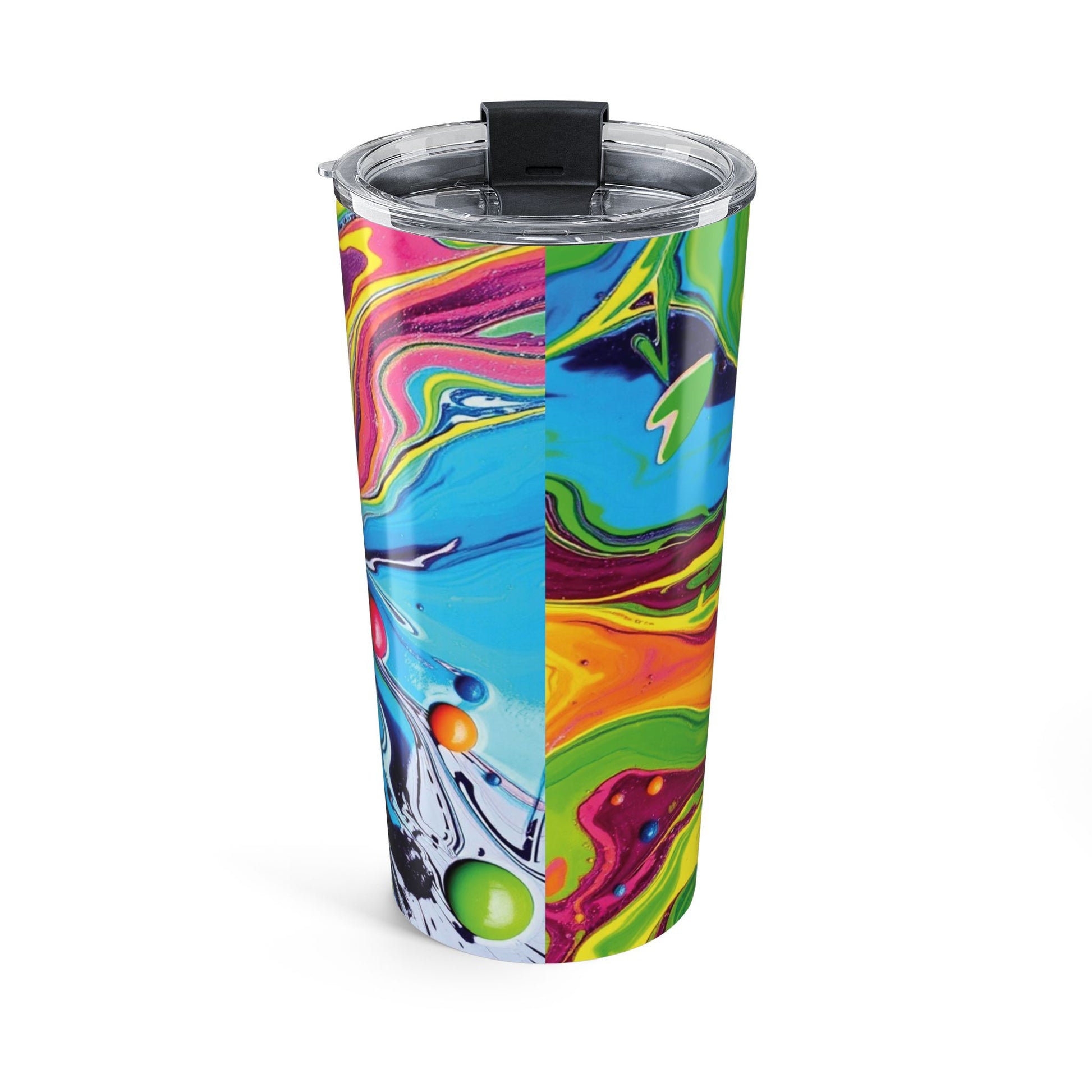 Alternate view of Vibrant Swirl tumbler with lid — artistic multicolor drinkware by The Inner Horizon Collective
