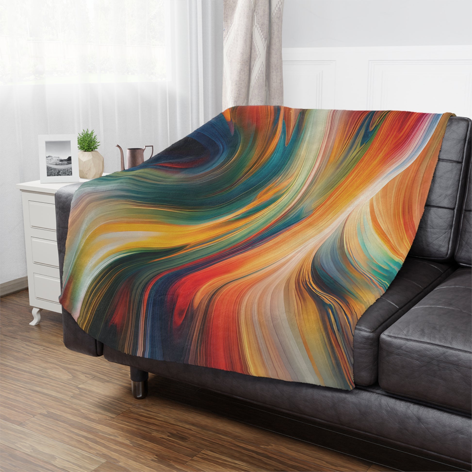 Vibrant Swirl Minky Blanket, 50x60 inches on couch — soft plush throw for living room décor by The Inner Horizon Collective