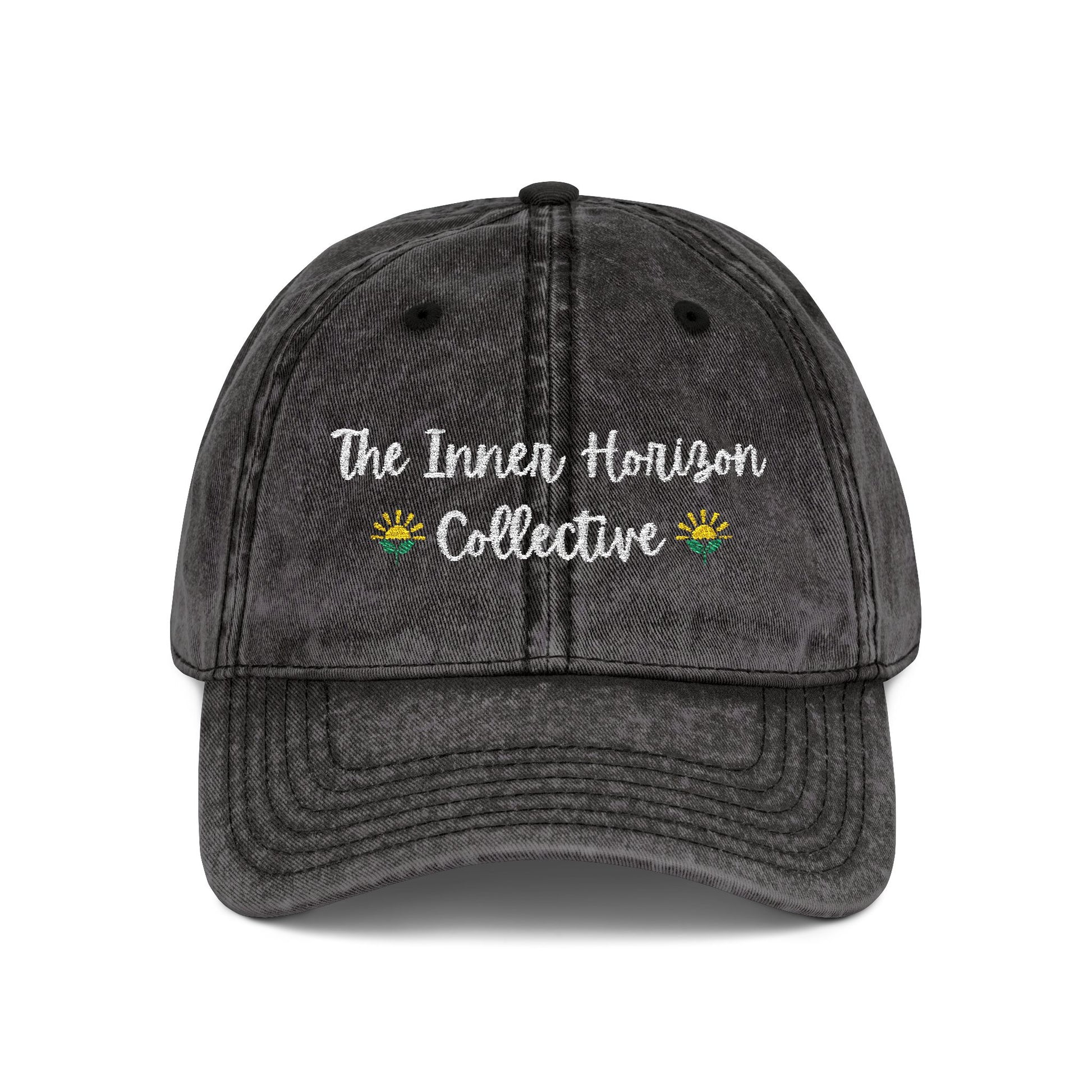 Front view of Vintage Cap in black — embroidered structured hat with classic curved brim by The Inner Horizon Collective