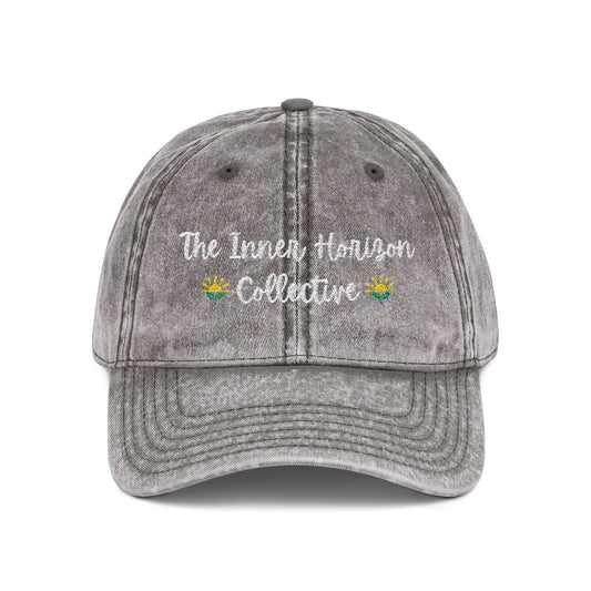 Front view of Vintage Cap in charcoal grey — embroidered structured hat featuring The Inner Horizon Collective logo and curved brim