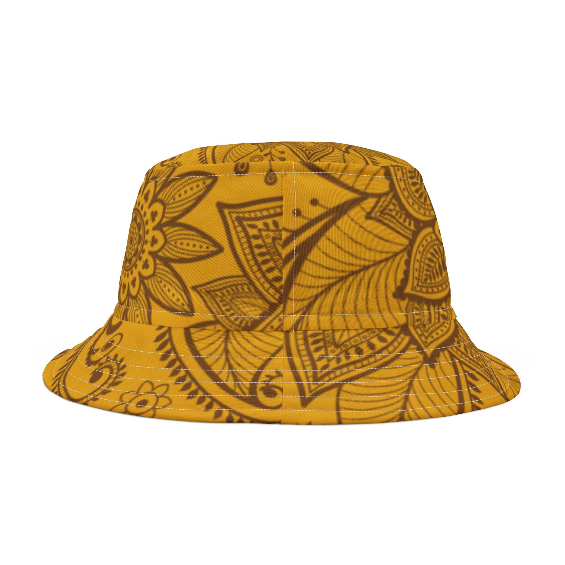 Back of Yellow Floral Bucket Hat — full floral pattern and curved brim visible for sun protection