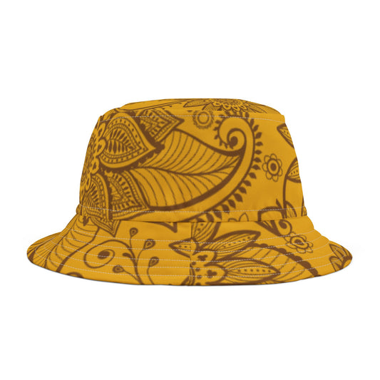 Front of Yellow Floral Bucket Hat — bright floral print, unisex summer festival and beach accessory